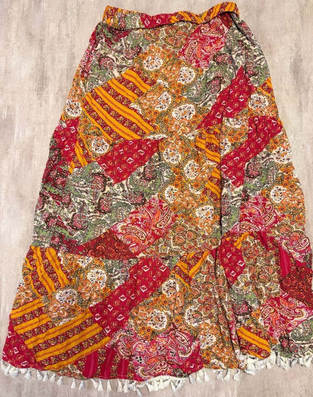 Luukse Women's Size L Patchwork Print Tiered Maxi Skirt with Tassel Hem